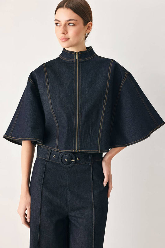 Dark Denim Capelet Top & Wide-Leg Pant Set