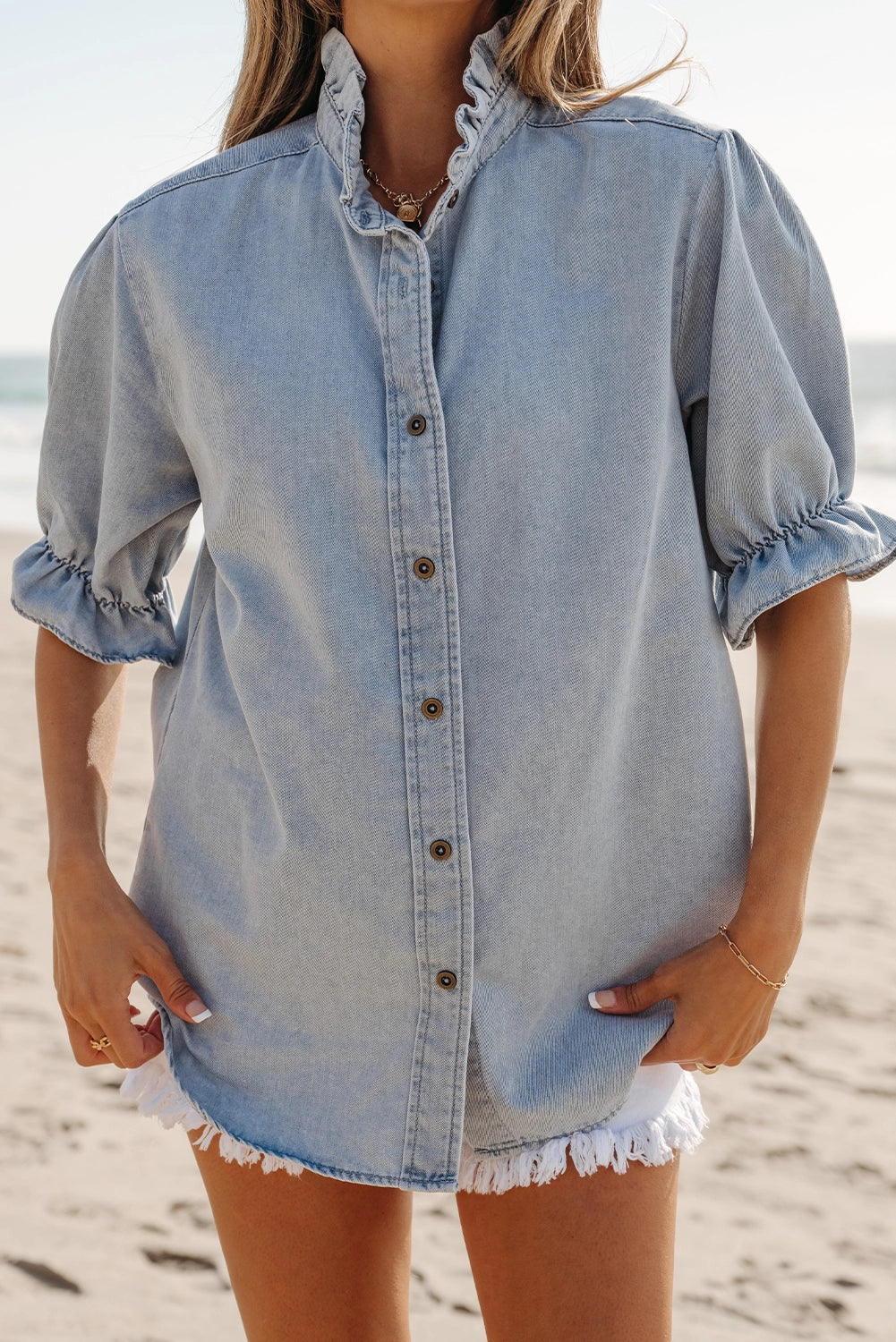 Ruffle Trim Denim Button-Down Top