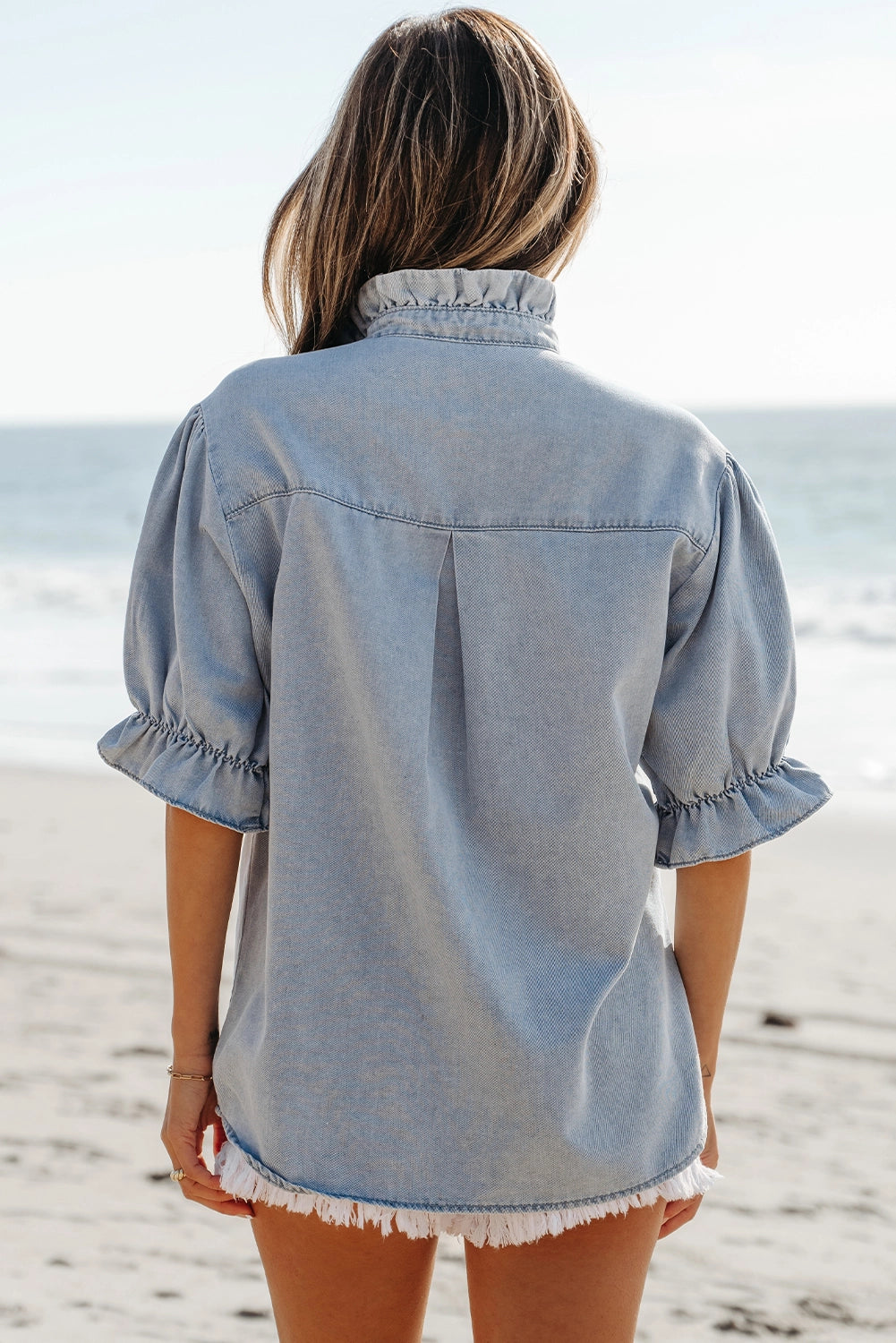 Ruffle Trim Denim Button-Down Top