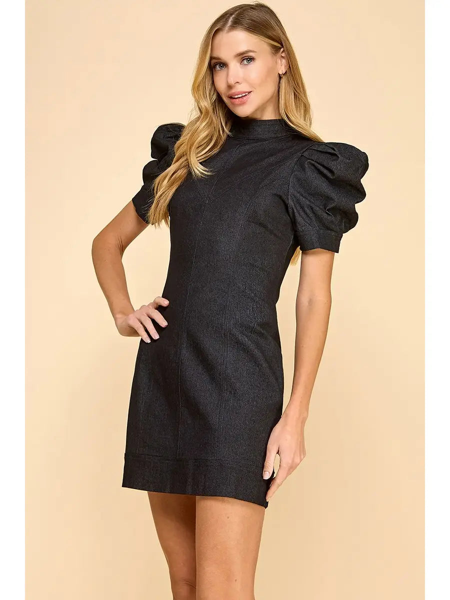 Black Denim Puff Sleeve Mock Neck Mini Dress