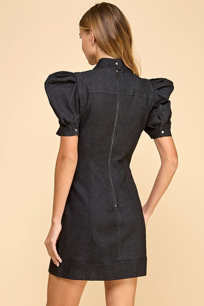 Black Denim Puff Sleeve Mock Neck Mini Dress