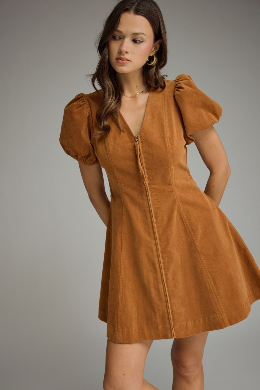 Camel Puff Sleeve Zip-Front Mini Dress