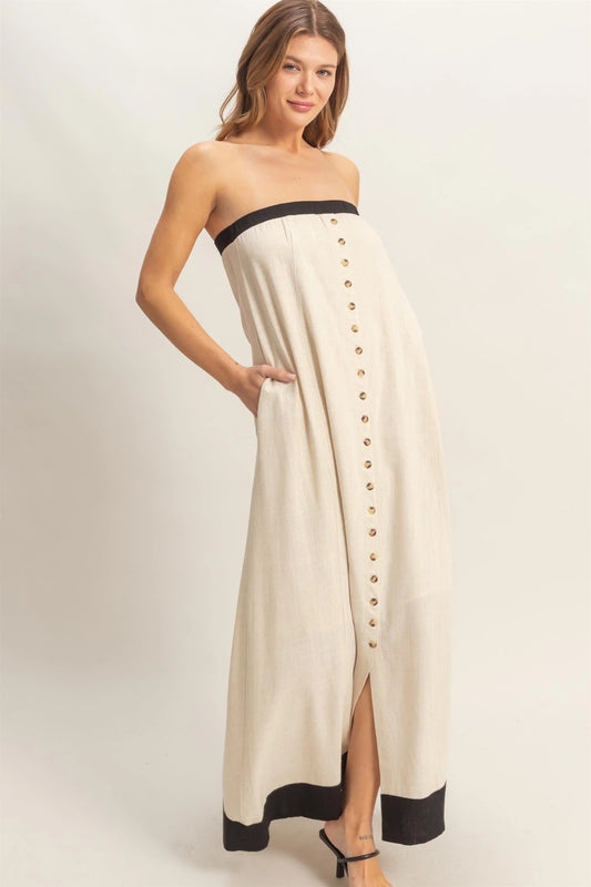 Strapless Button-Front Maxi Dress