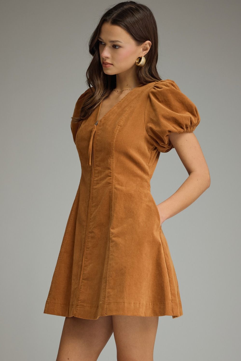 Camel Puff Sleeve Zip-Front Mini Dress