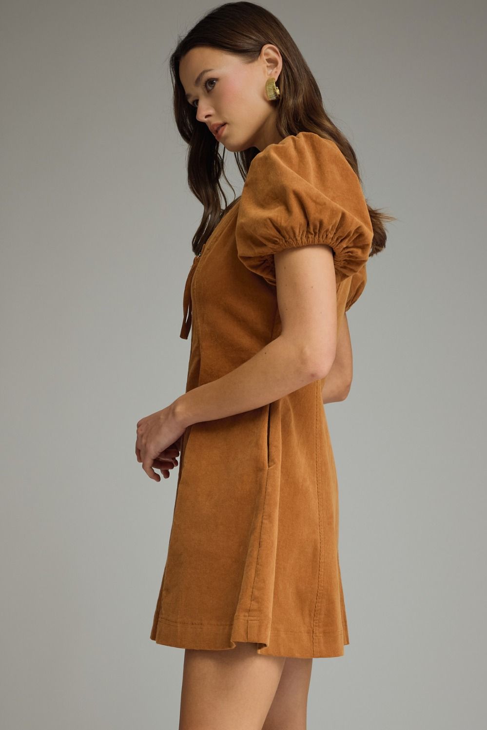 Camel Puff Sleeve Zip-Front Mini Dress