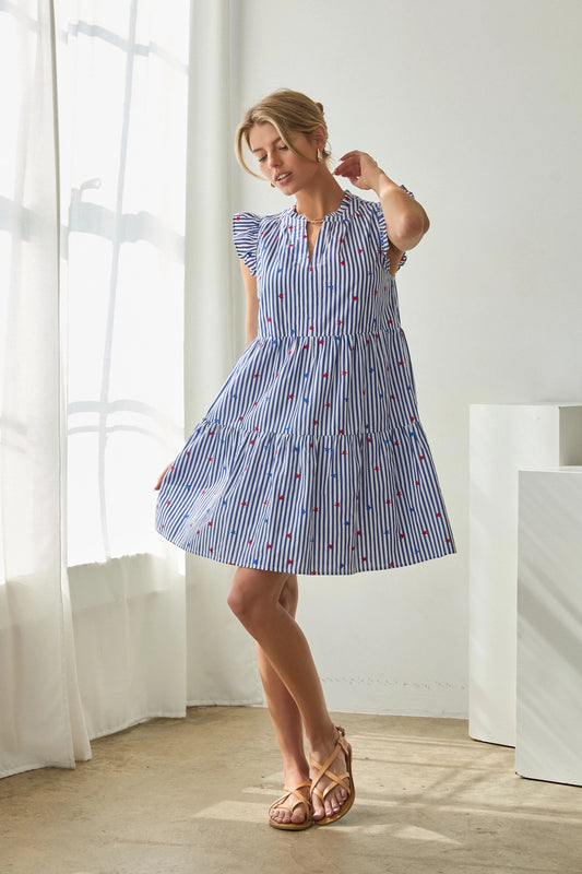Star Embroidery Striped Ruffle Sleeve Mini Dress