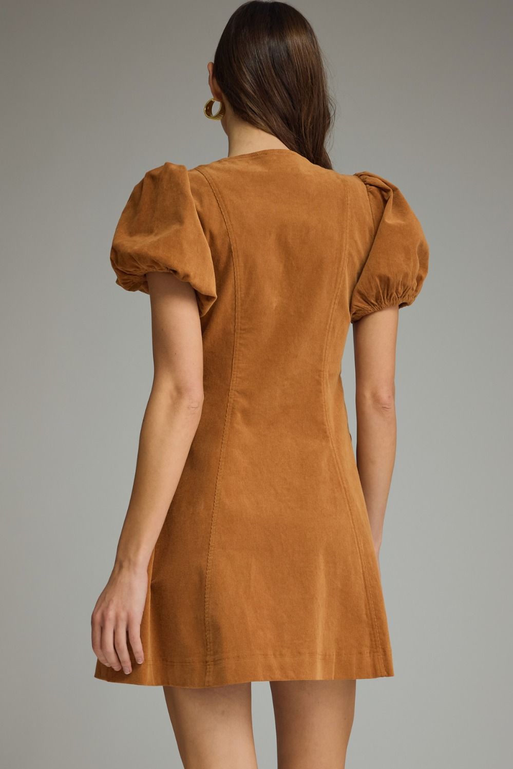 Camel Puff Sleeve Zip-Front Mini Dress