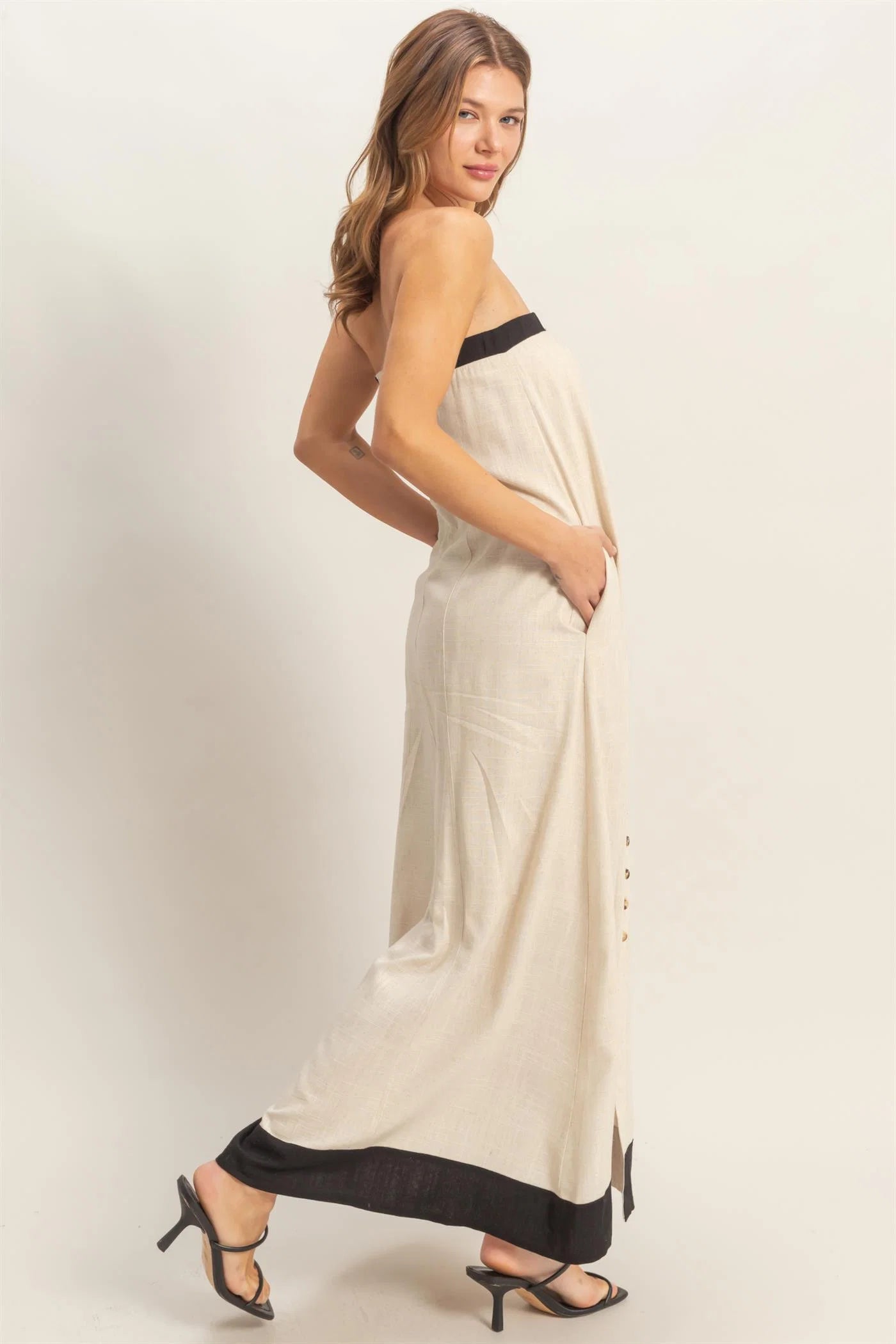 Strapless Button-Front Maxi Dress