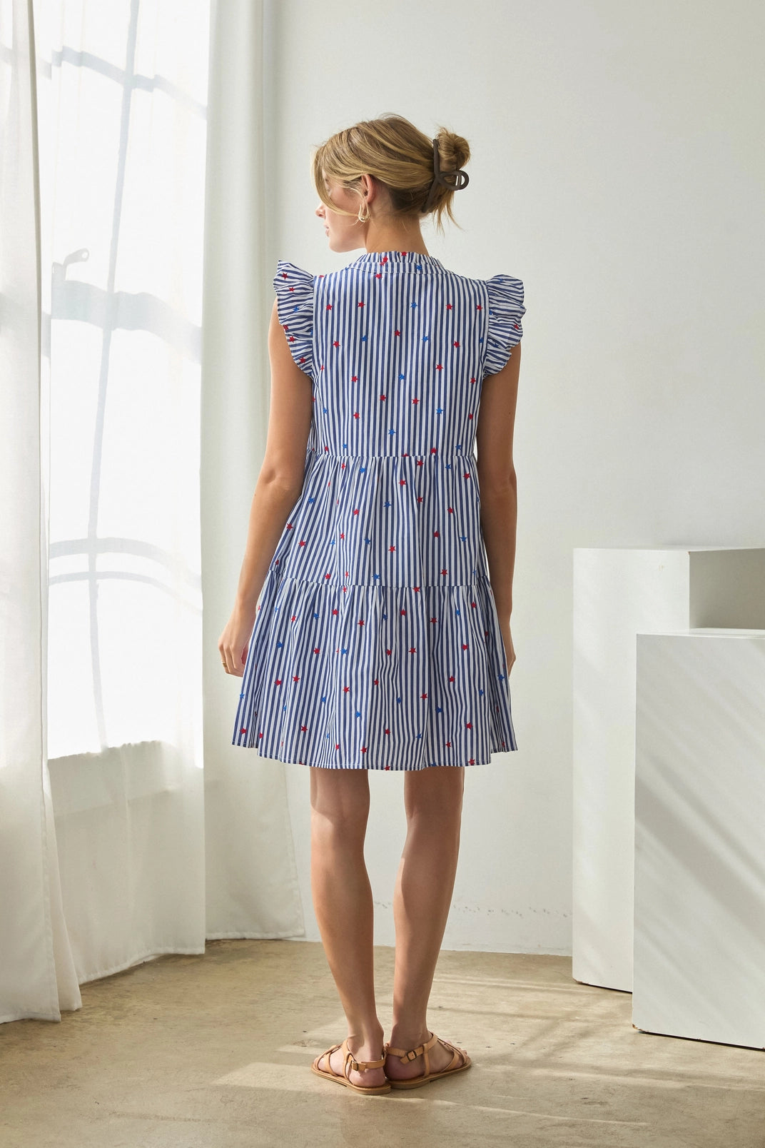 Star Embroidery Striped Ruffle Sleeve Mini Dress