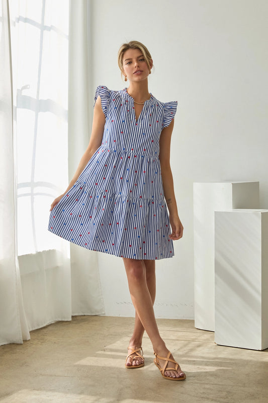 Star Embroidery Striped Ruffle Sleeve Mini Dress