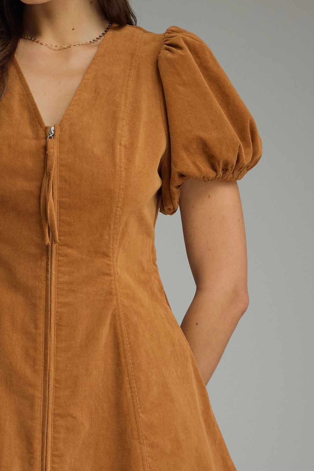 Camel Puff Sleeve Zip-Front Mini Dress