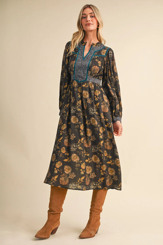 Floral Print Velvet Trim Midi Dress