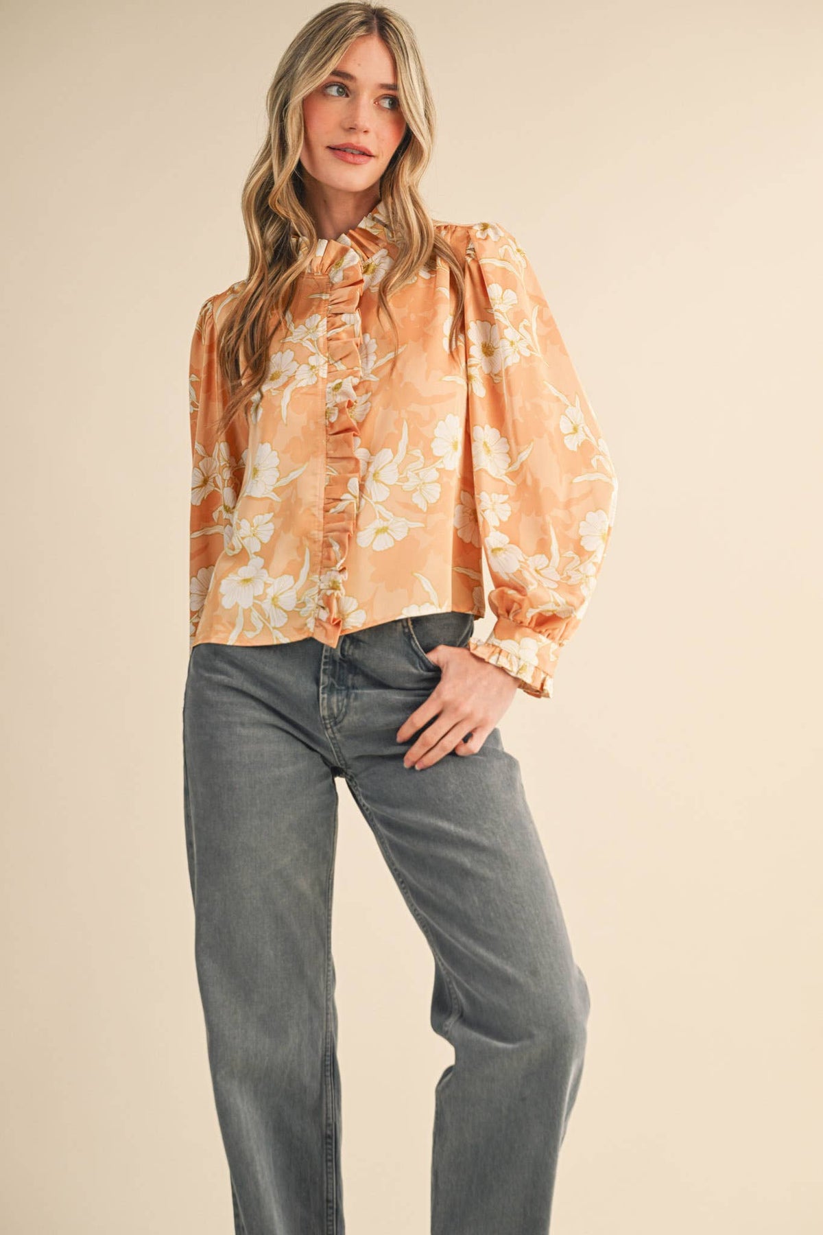 Floral Print Ruffled Button-Down Satin Top