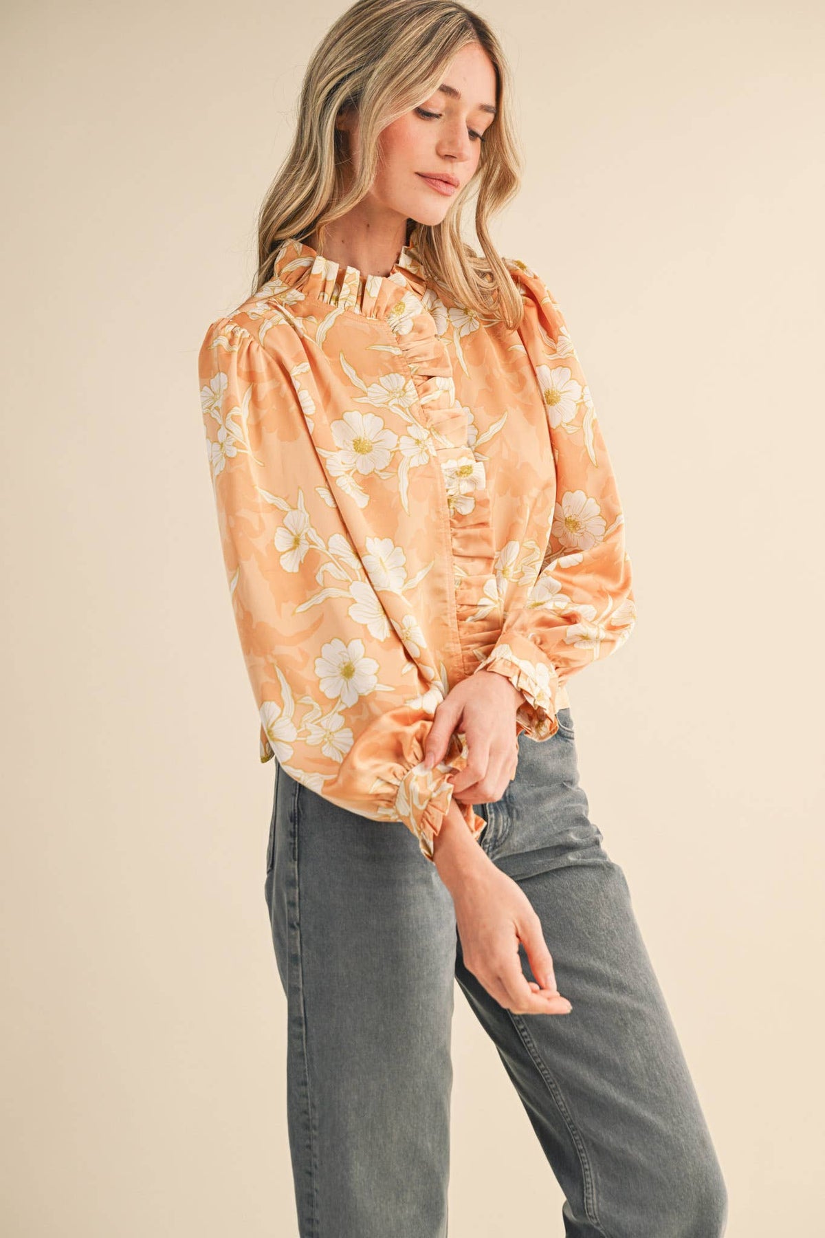 Floral Print Ruffled Button-Down Satin Top