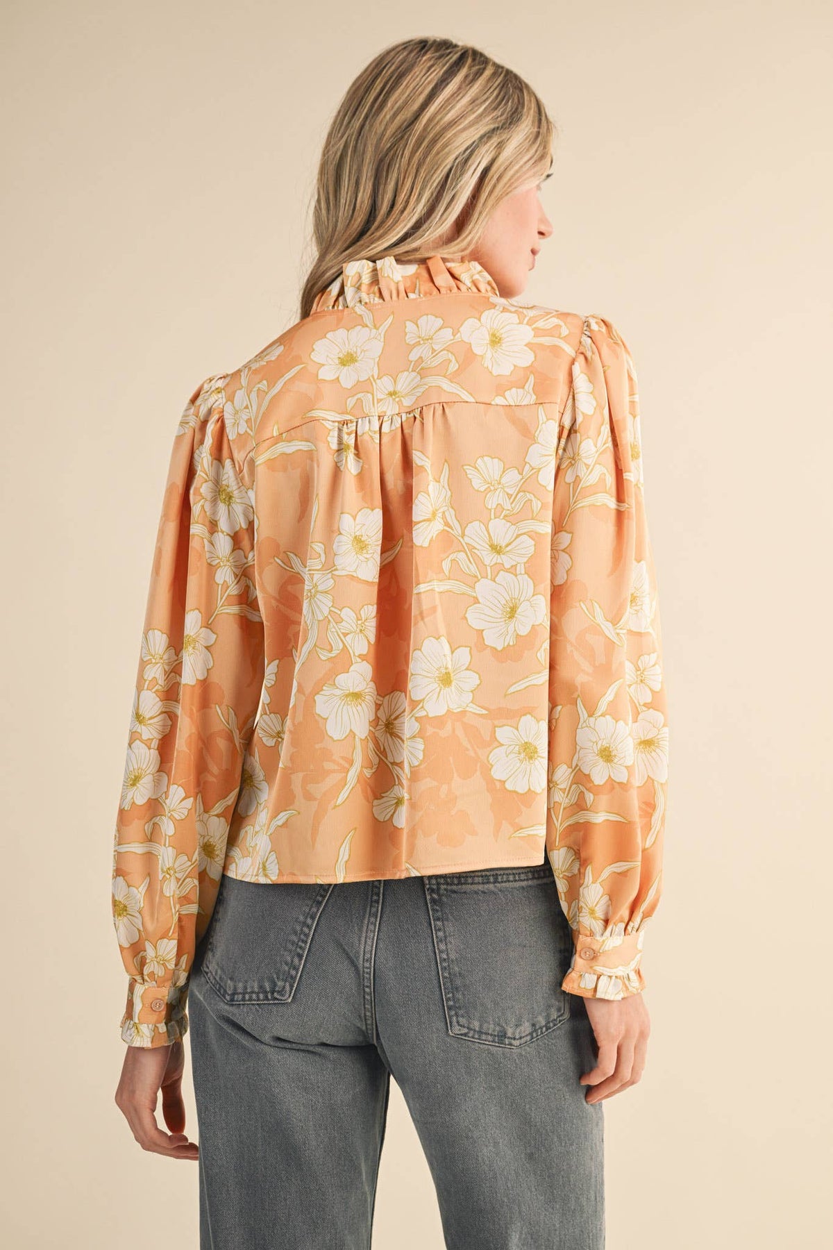 Floral Print Ruffled Button-Down Satin Top