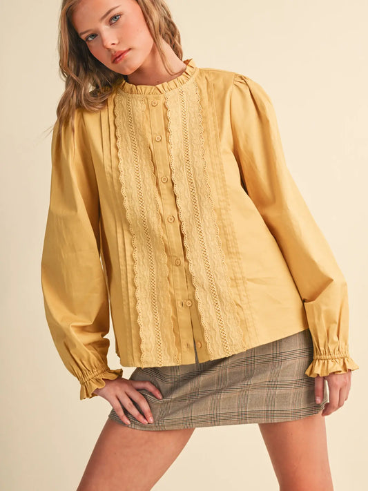 Pin Tuck Lace Trim Button Down Top
