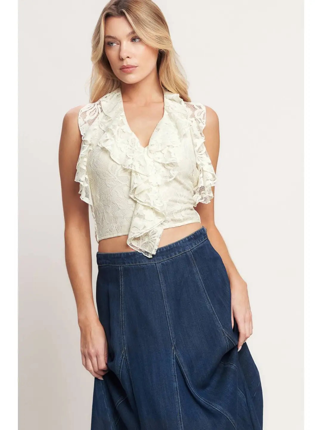 Ivory Lace Ruffle Halter Top