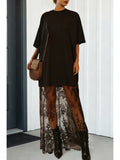 Oversized Crewneck Lace Hem Maxi Dress | Black