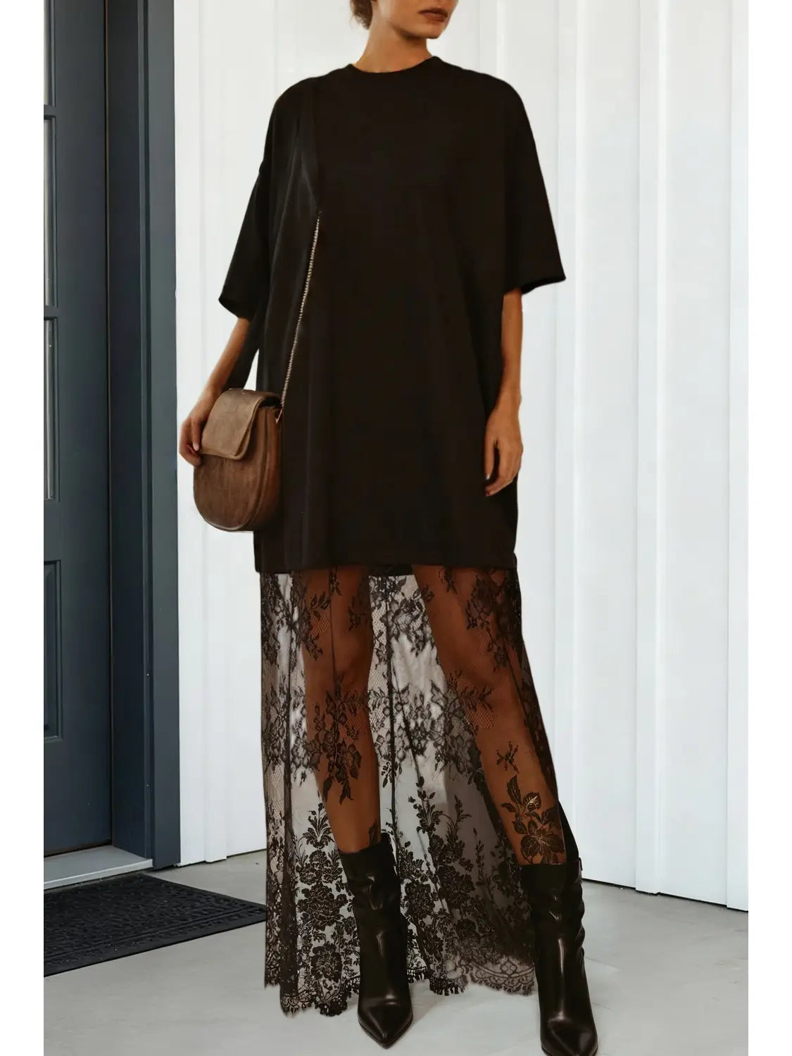 Oversized Crewneck Lace Hem Maxi Dress | Black