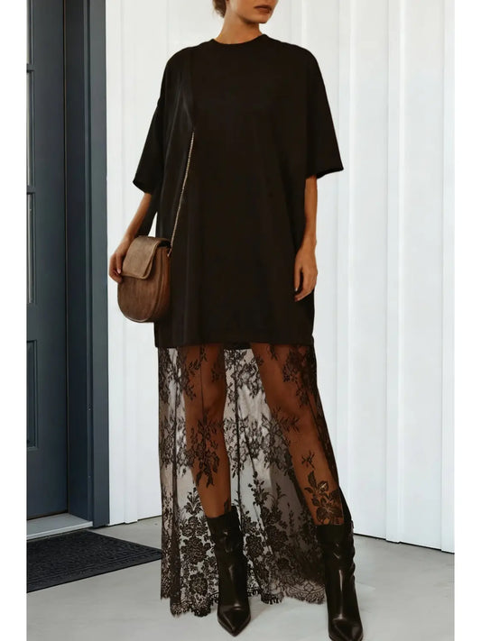 Oversized Crewneck Lace Hem Maxi Dress | Black