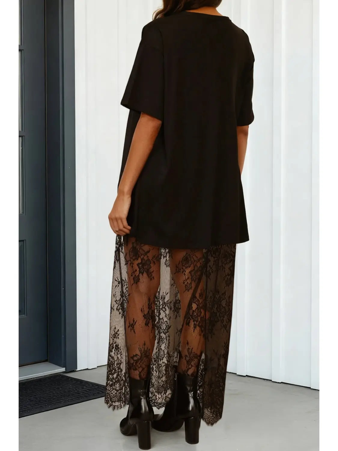 Oversized Crewneck Lace Hem Maxi Dress | Black