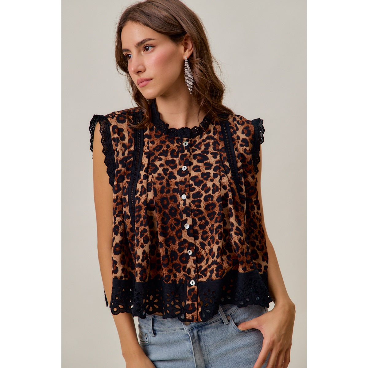 Leopard Print Eyelet Lace Sleeveless Blouse