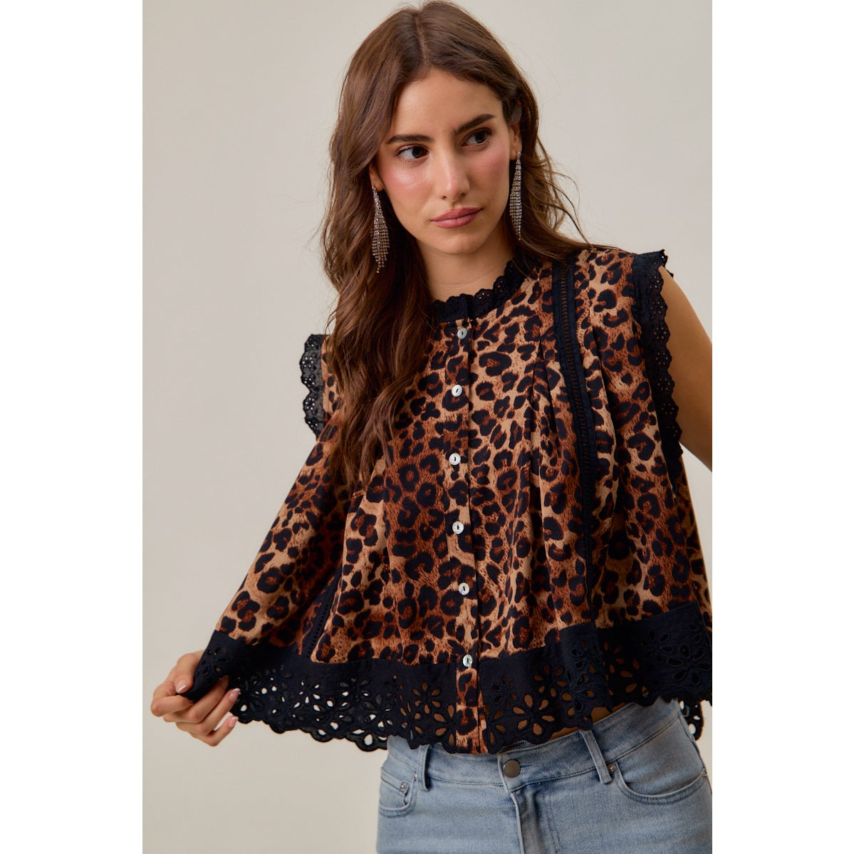 Leopard Print Eyelet Lace Sleeveless Blouse