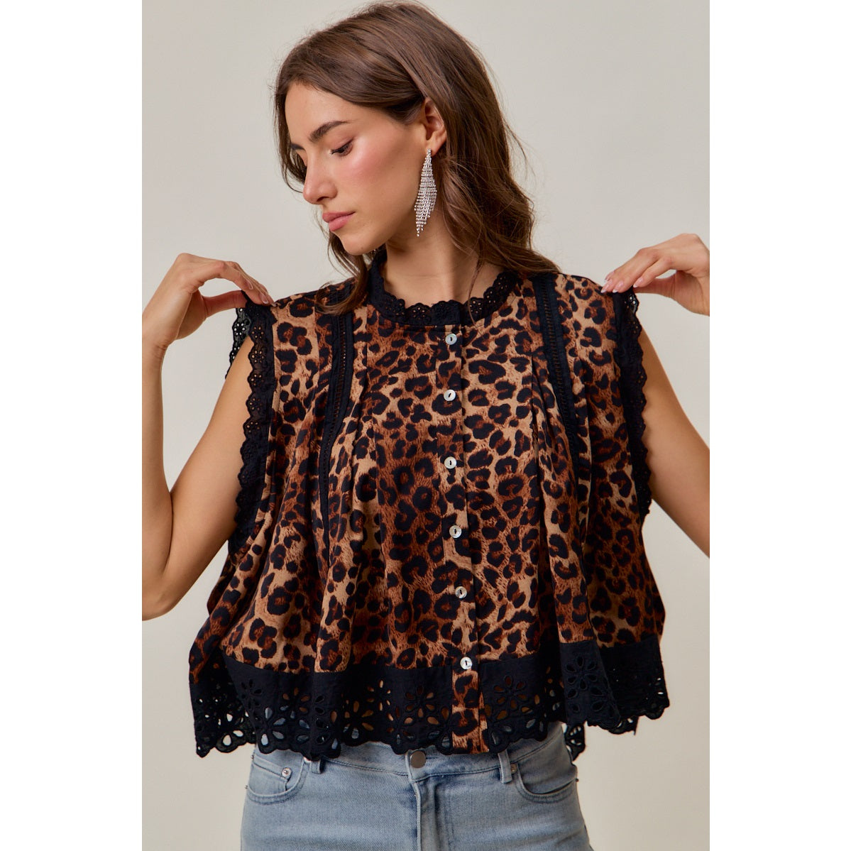 Leopard Print Eyelet Lace Sleeveless Blouse