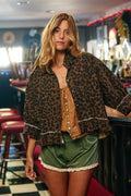 Leopard Print Ruffle Hem Denim Button-Down Top
