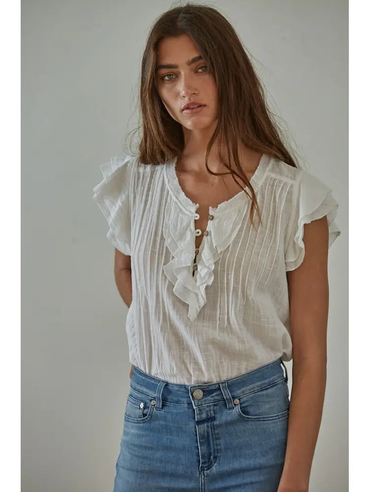 The Maude Top | Ruffle V-Neck Pin Tuck Cotton Blouse | Ivory