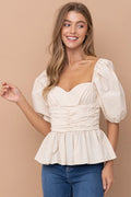 Sweetheart Peplum Puff Sleeve Blouse - Linen