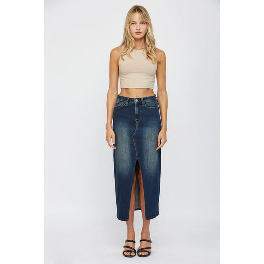 Dark Wash Denim Midi Skirt with Front Slit