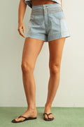 High Rise Pintuck Denim Shorts | Light Wash