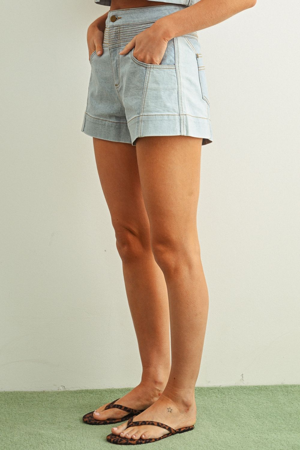 High Rise Pintuck Denim Shorts | Light Wash