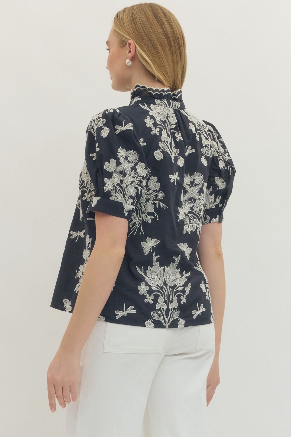 Navy Embroidered Puff Sleeve Top