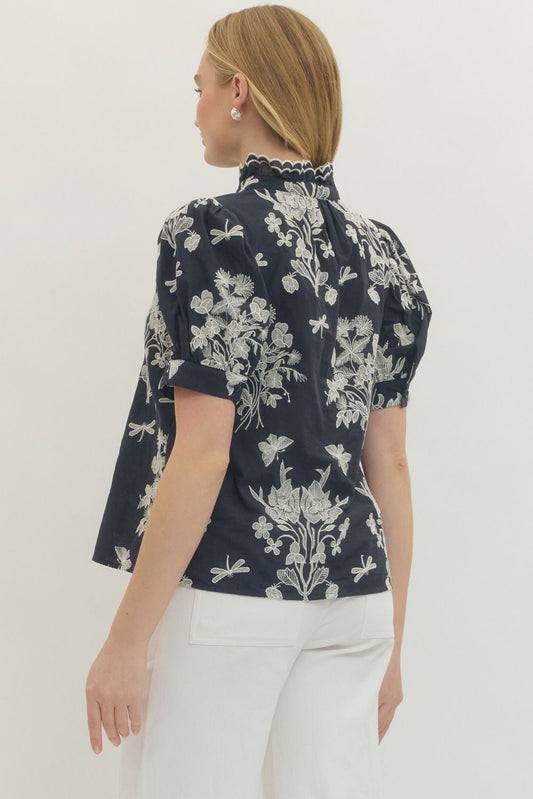 Navy Embroidered Puff Sleeve Top