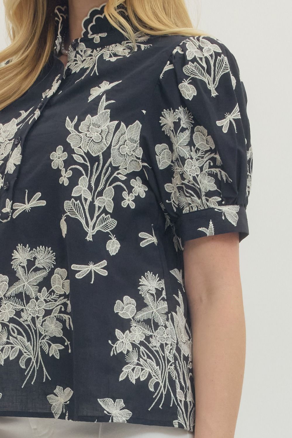 Navy Embroidered Puff Sleeve Top