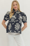 Navy Embroidered Puff Sleeve Top