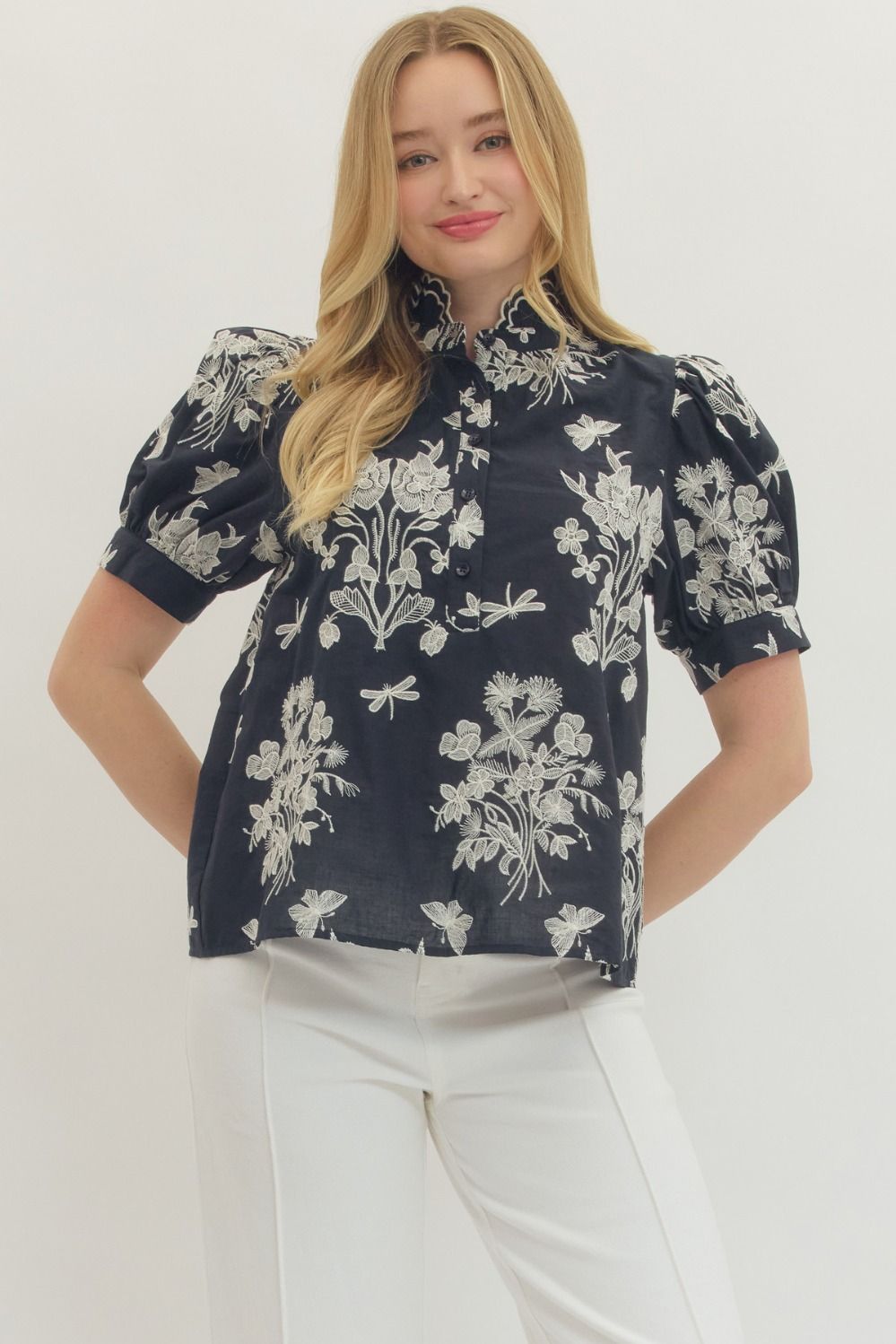 Navy Embroidered Puff Sleeve Top