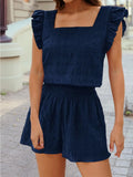 Ruffle Sleeve Square Neck Top & Shirred Shorts Two-Piece Set | Navy