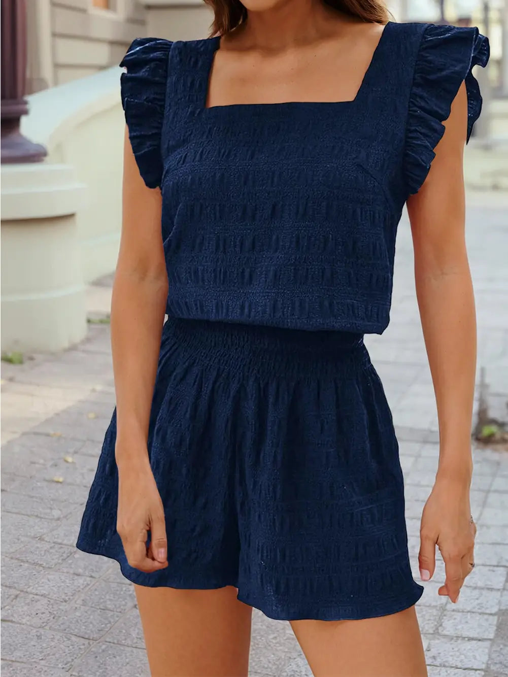 Ruffle Sleeve Square Neck Top & Shirred Shorts Two-Piece Set | Navy