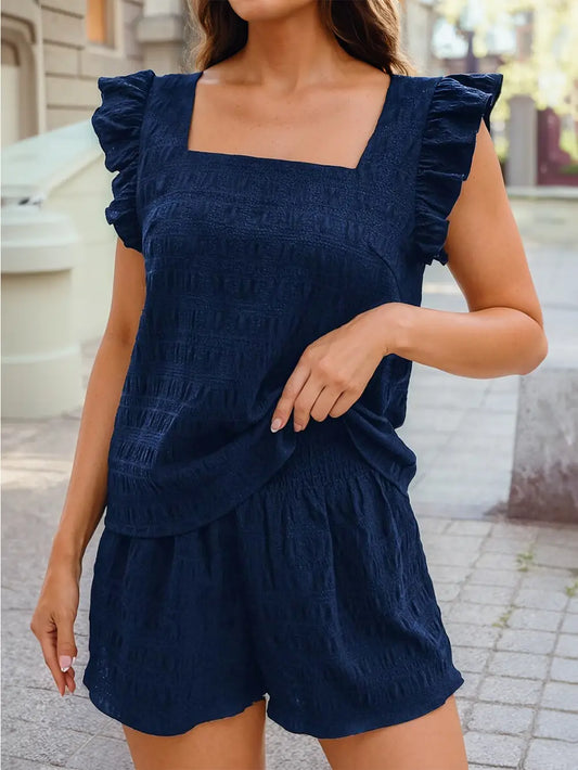 Ruffle Sleeve Square Neck Top & Shirred Shorts Two-Piece Set | Navy