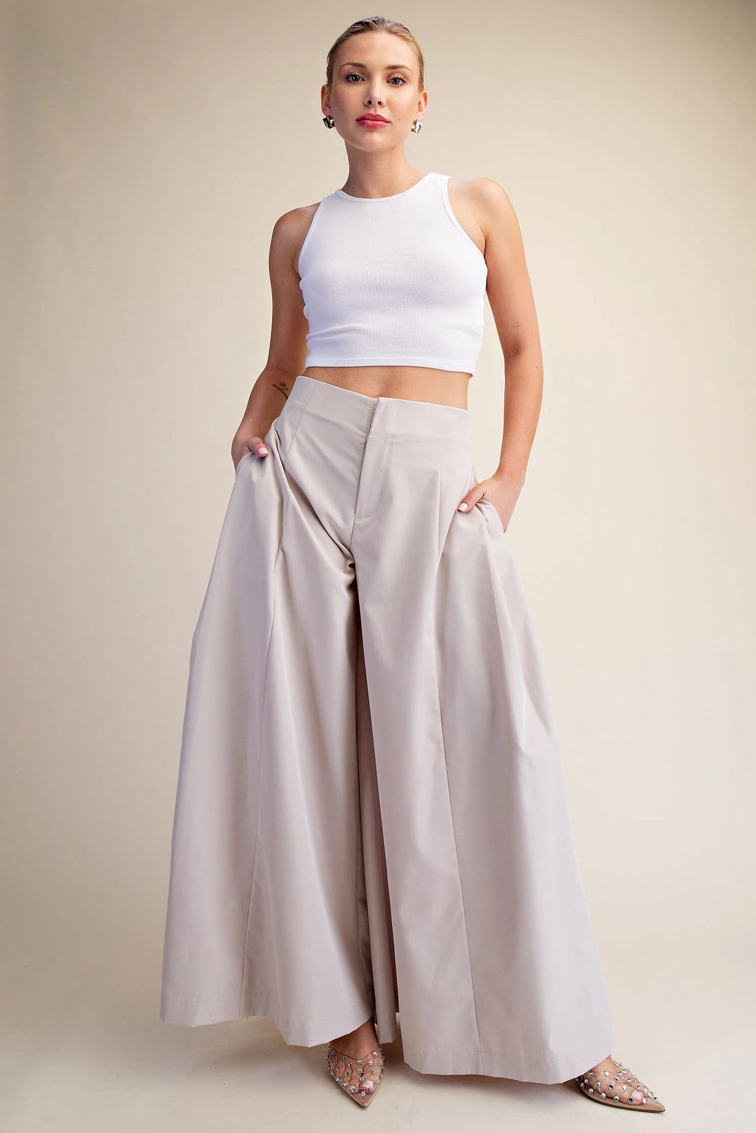 High Waist A-Line Pleated Palazzo Wide Leg Pants | Beige