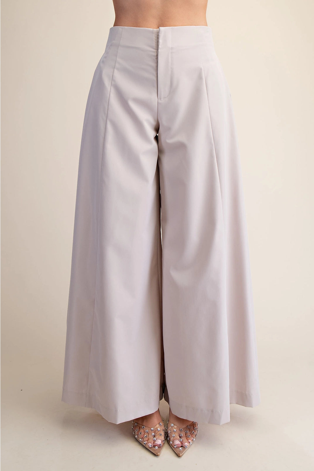 High Waist A-Line Pleated Palazzo Wide Leg Pants | Beige