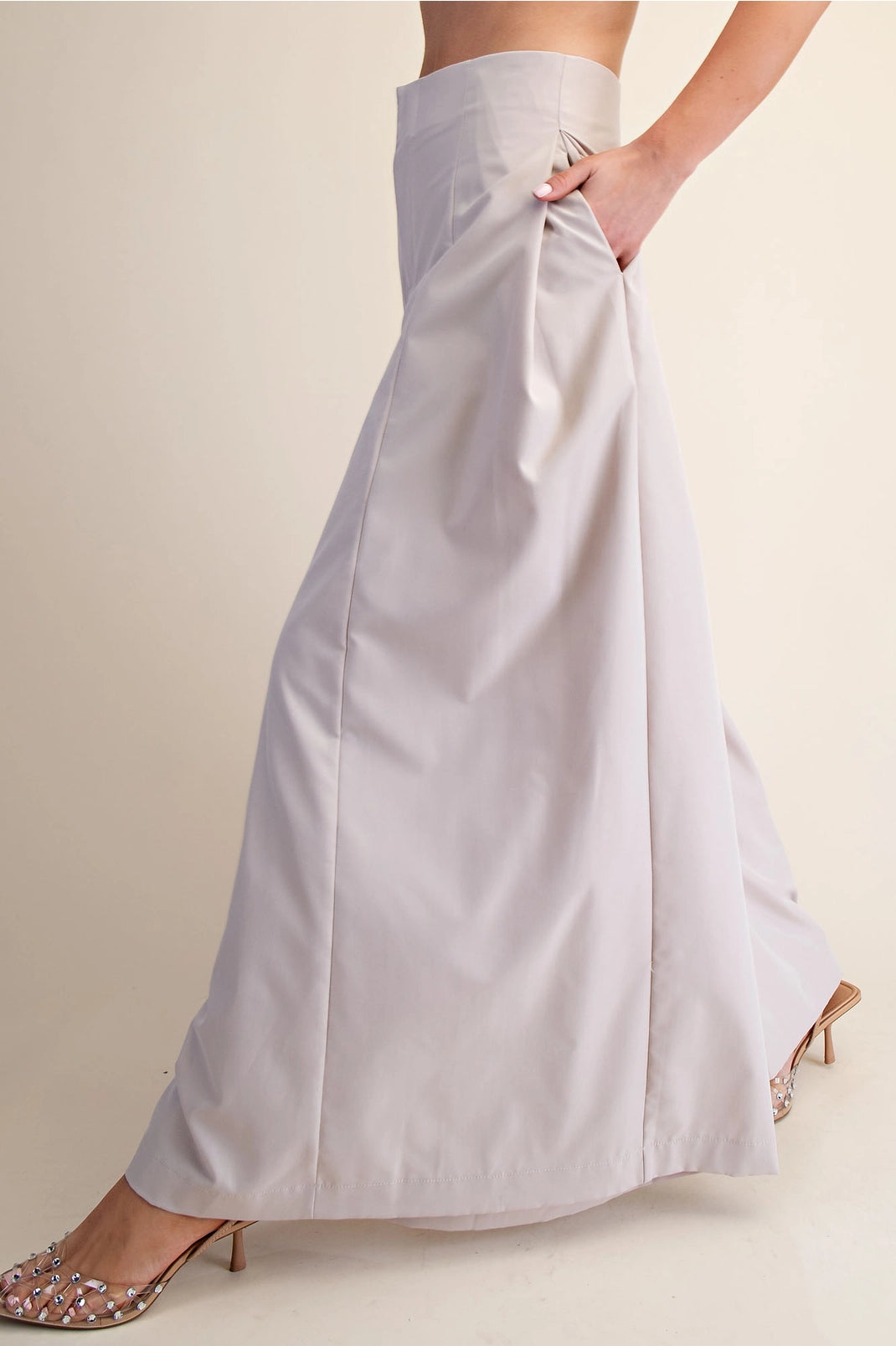 High Waist A-Line Pleated Palazzo Wide Leg Pants | Beige