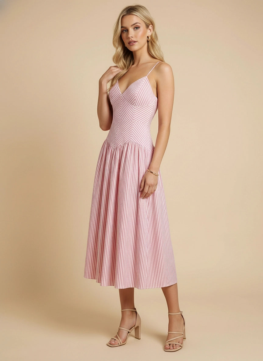 Pink Stripe Fit & Flare Midi Dress