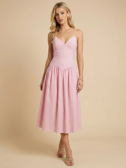 Pink Stripe Fit & Flare Midi Dress