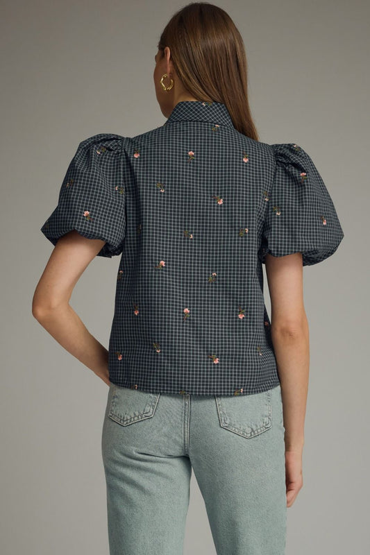 Checkered Floral Embroidered Self-Tie Puff Sleeve Top