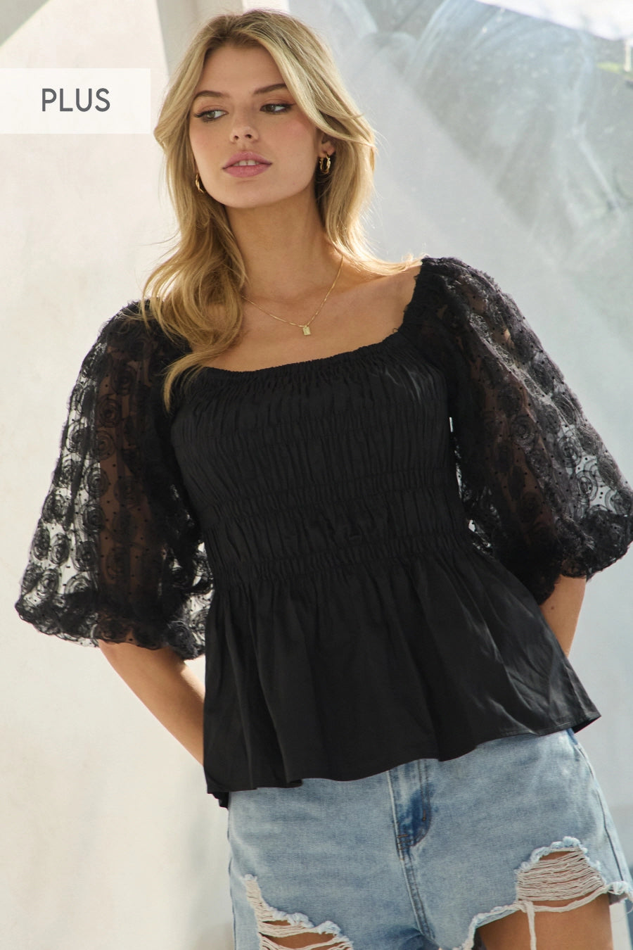 Curvy Black Smocked Square Neck Bubble Sleeve Blouse