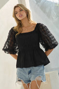 Curvy Black Smocked Square Neck Bubble Sleeve Blouse